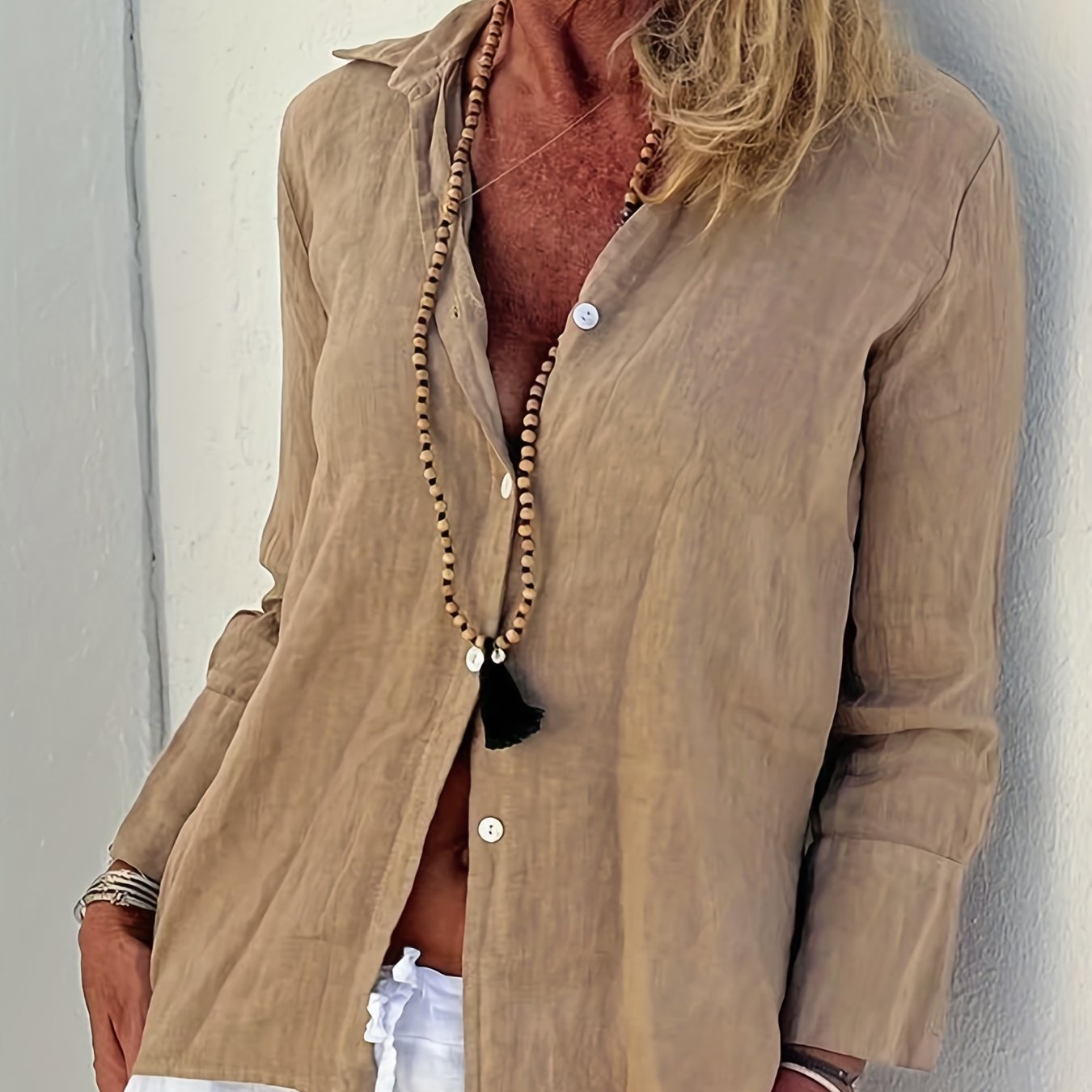  Solid Button Up Long Sleeve Blouse