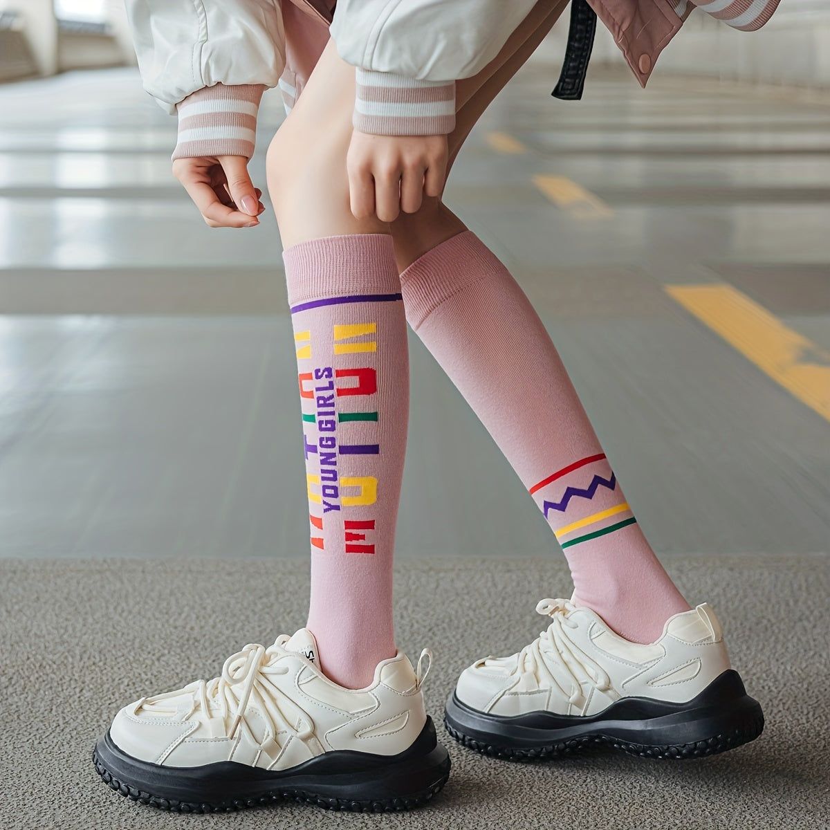 4 Pairs Letter Print Calf Socks Sports Knee High Stockings
