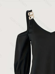 Casual Cold Shoulder V Neck Dress 3/4 Sleeve Solid