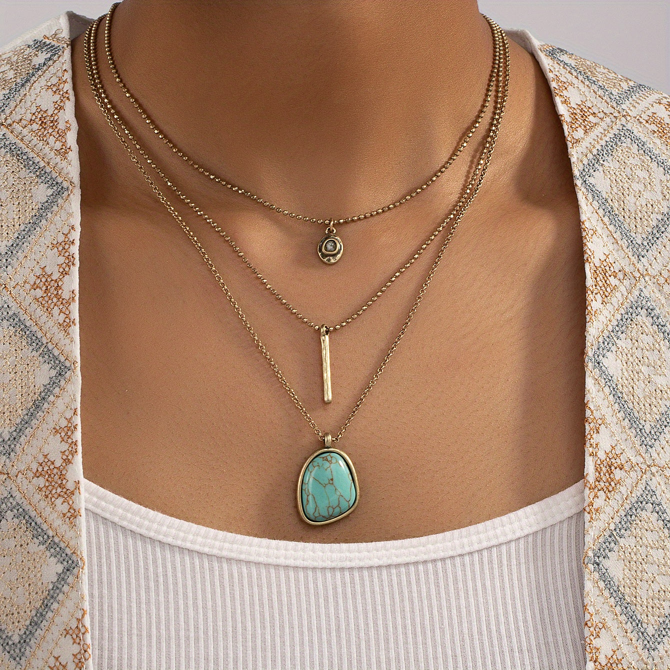 Vintage Boho Turquoise Multilayer Necklace For Women Girls Gift