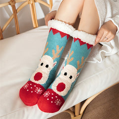 Christmas Elk Pattern Socks Warm Plush Lined Home Socks Women's Stockings