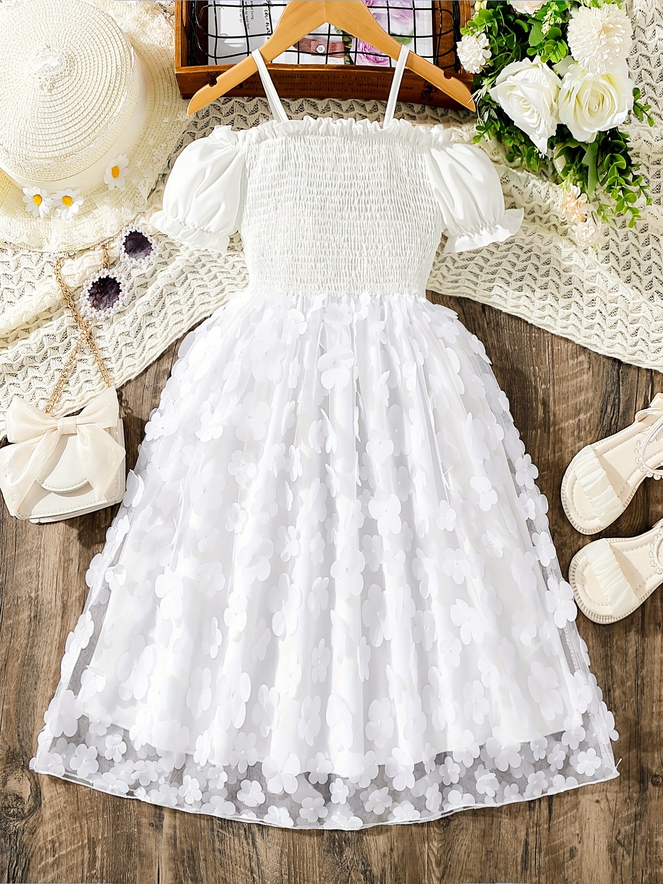 Girls' Flowers Appliques Smocked Princess Dress