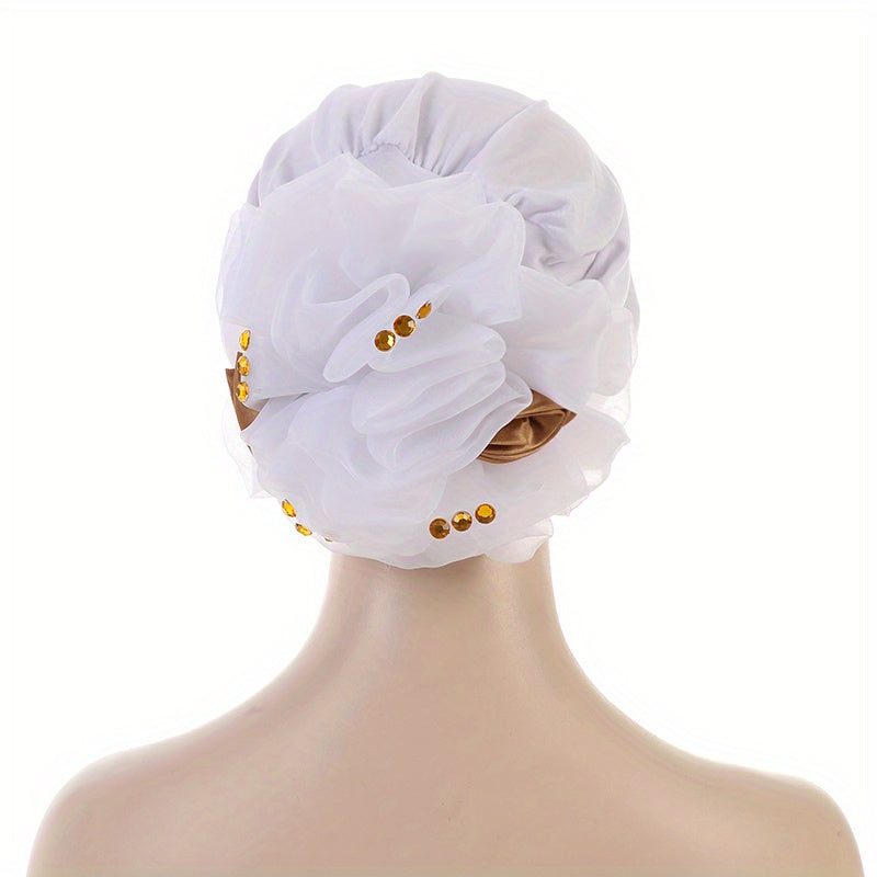 Mesh Pleated Flower Turban Cap Head Wrap Rhinestone Decor