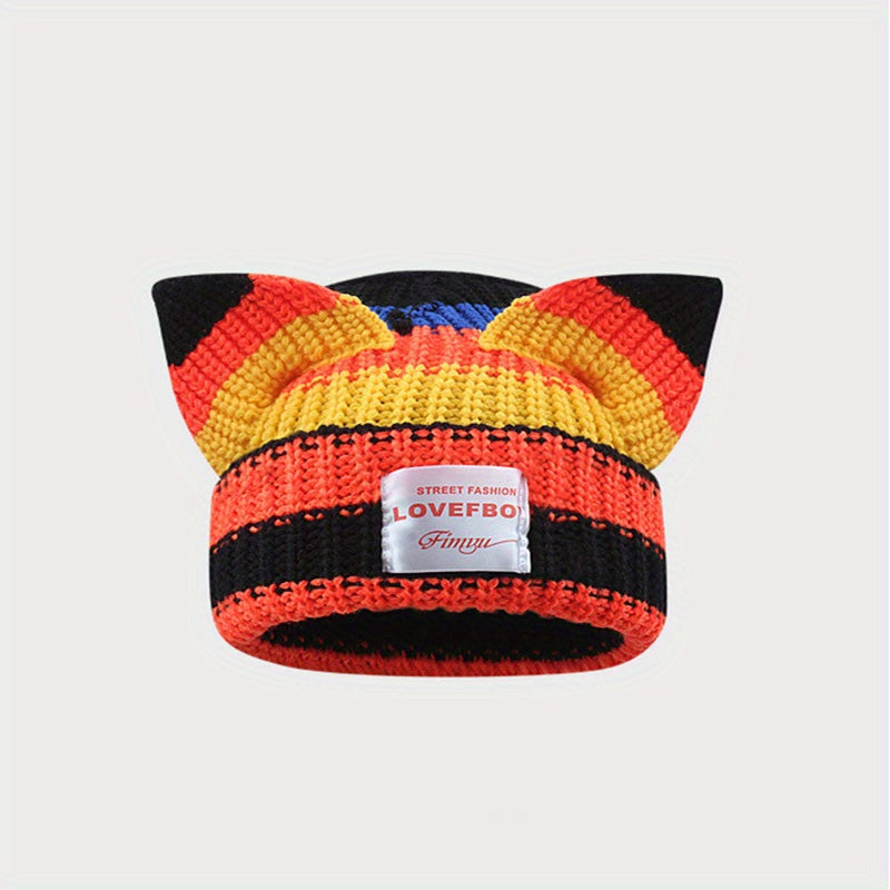 Y2K Block Knitted Beanie Pig Ears Warm Skull Cap Unisex Hip Hop