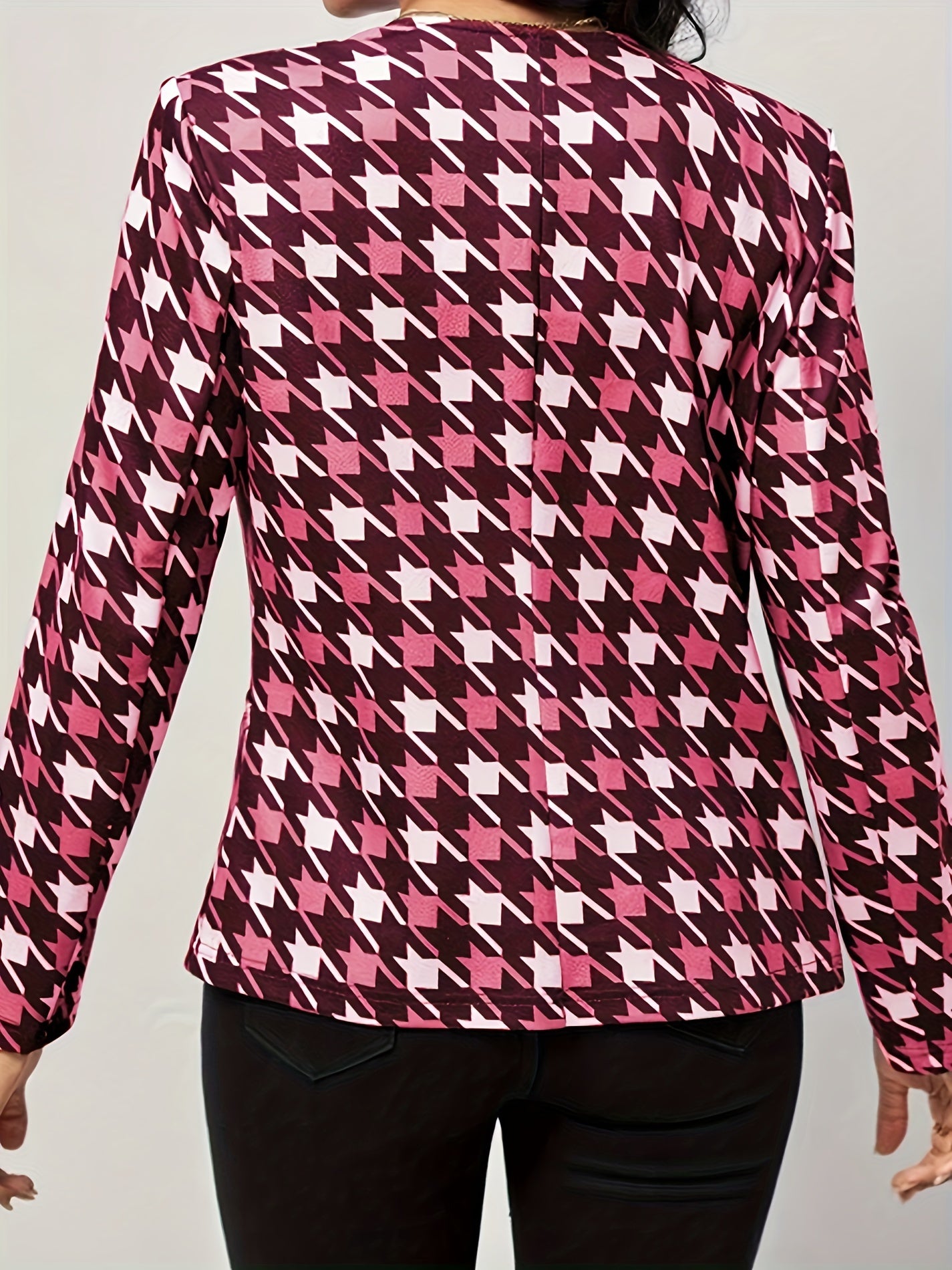  Houndstooth Print Open Front Blazer