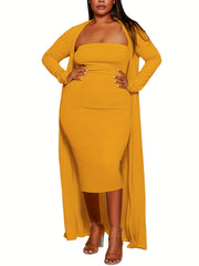  Sexy Outfits Set Solid Bodycon Tube Dress & Long Sleeve Cardigan Set