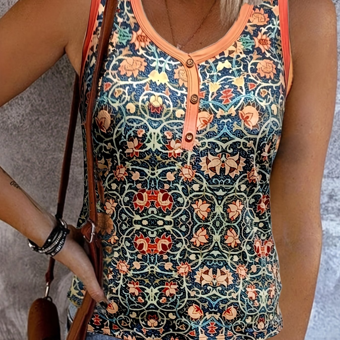  Jacobean Print Button V Neck Tank Top