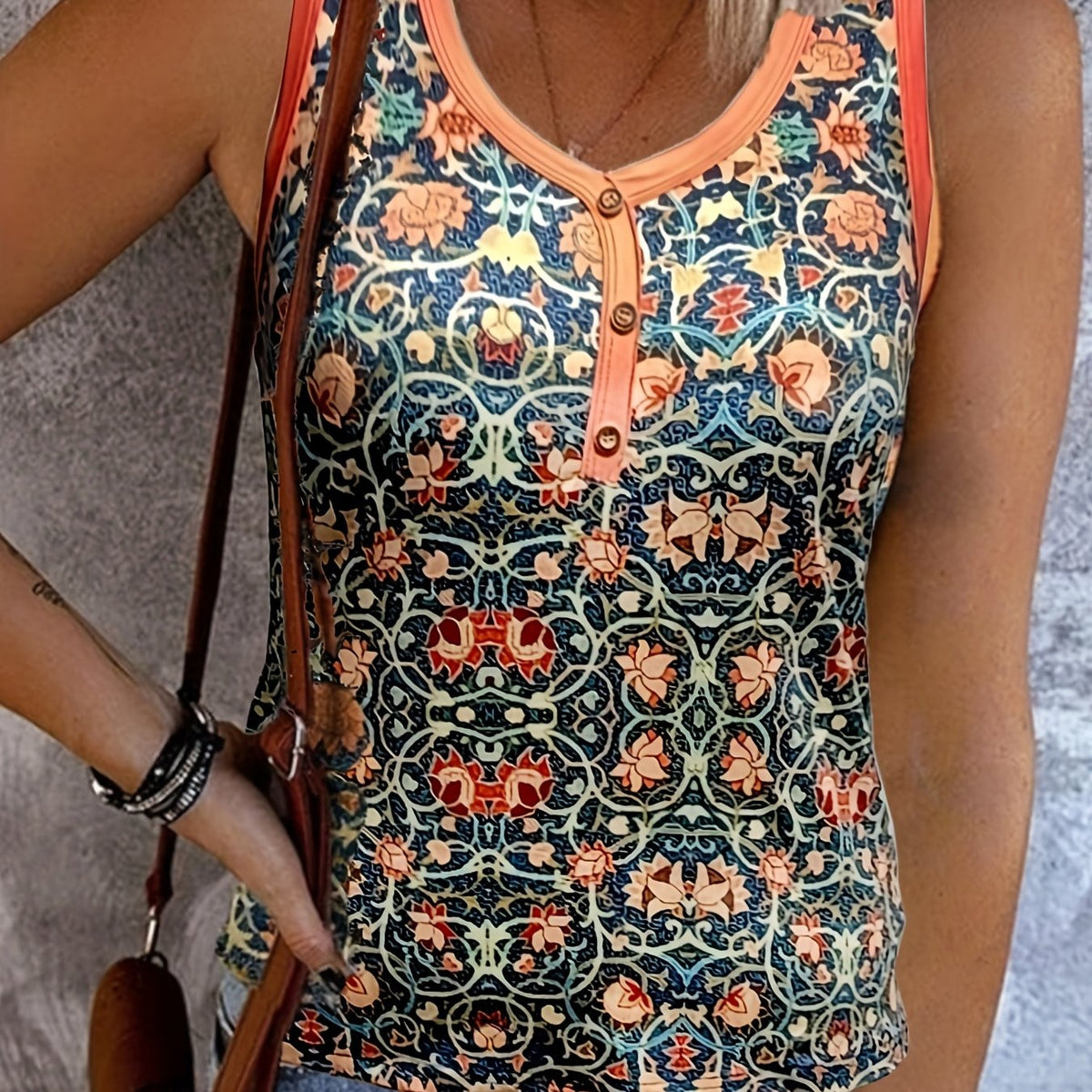  Jacobean Print Button V Neck Tank Top