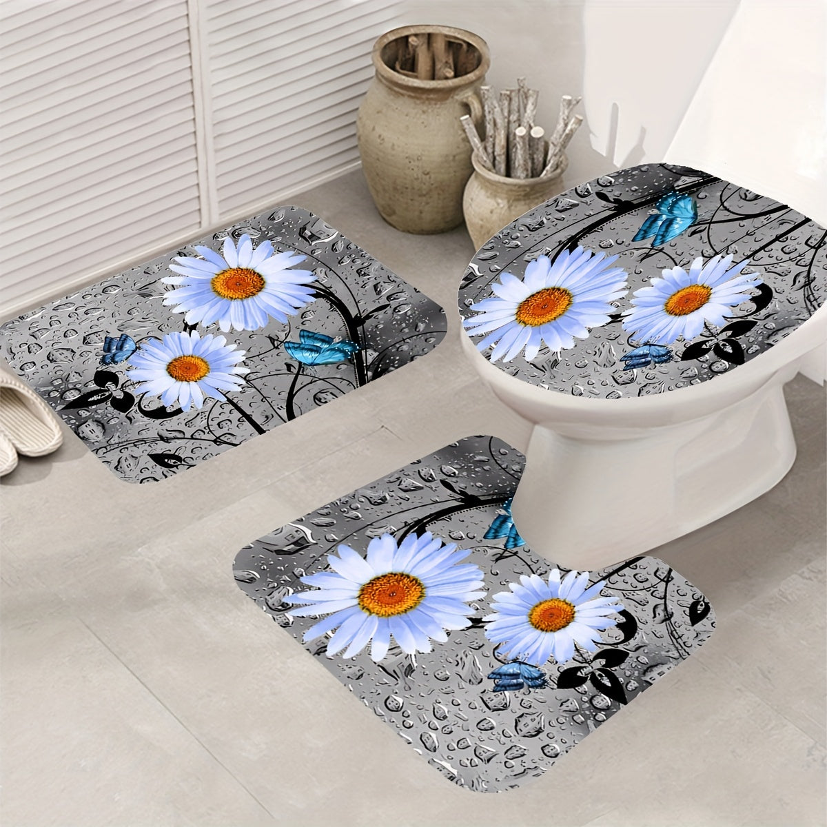 Non Slip Bathroom Rugs & Shower Curtain Set with Flower & Butterfly Pattern