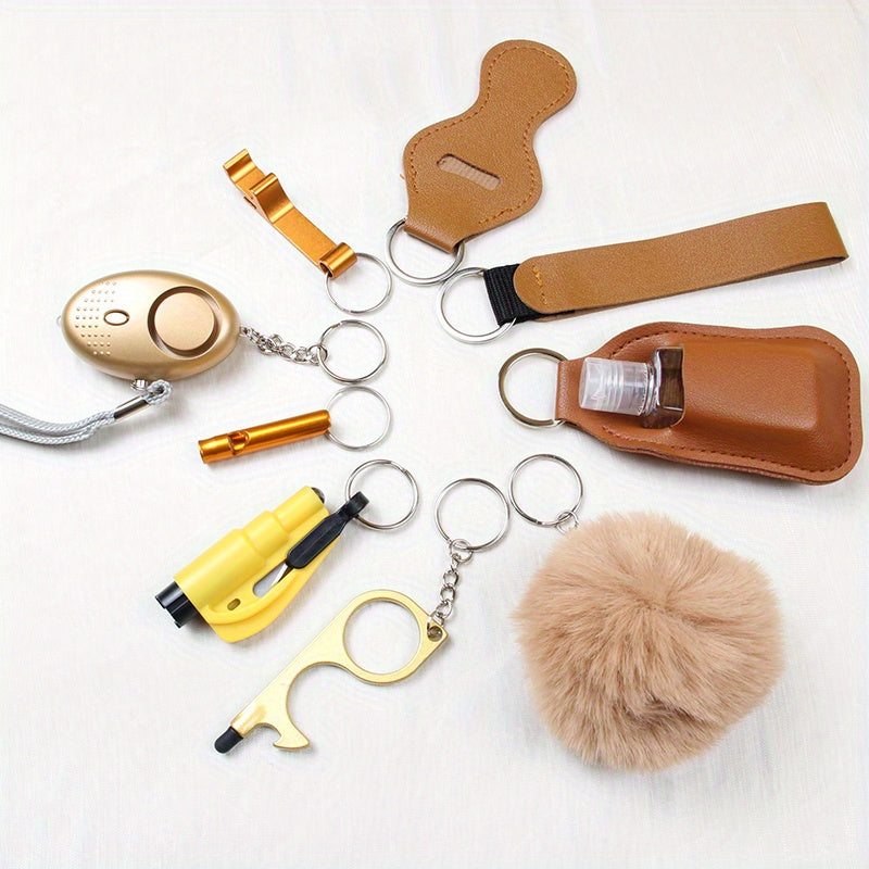 9pcs Women's Keychain Set: Alarm, Travel Bottle, Accessories