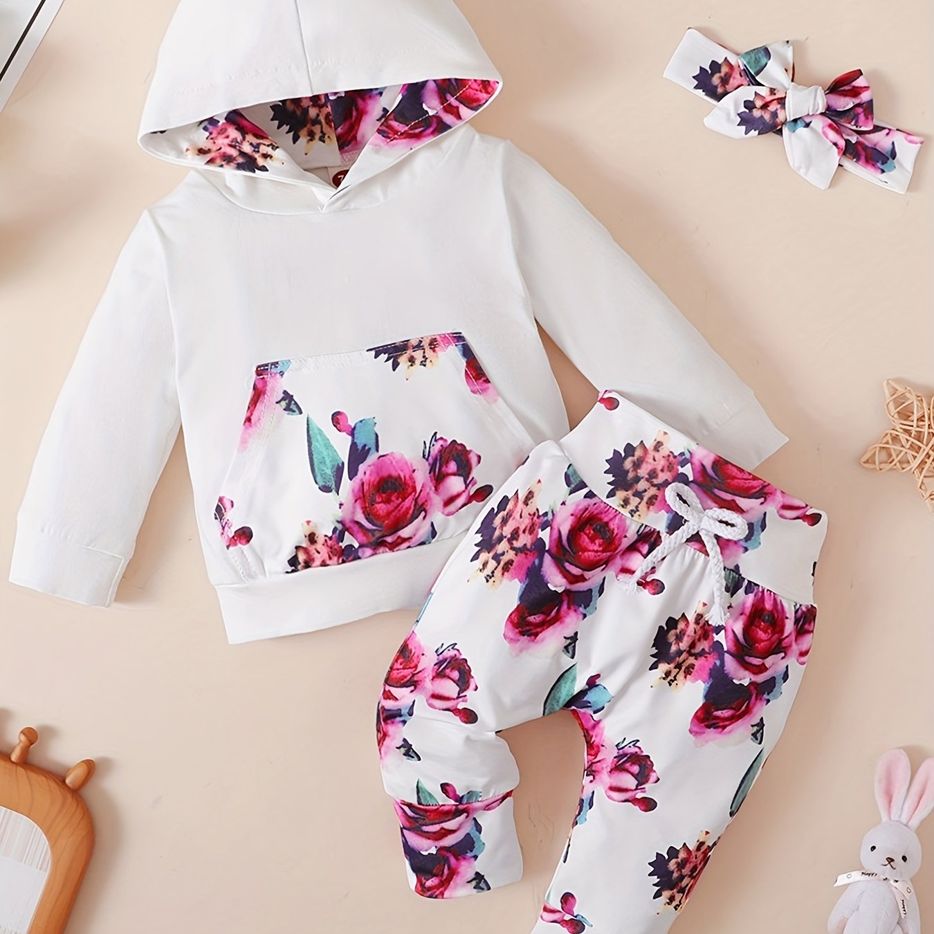 Baby Girls Hooded Pocket Long Sleeve Sweatshirt Flowers Pants Set