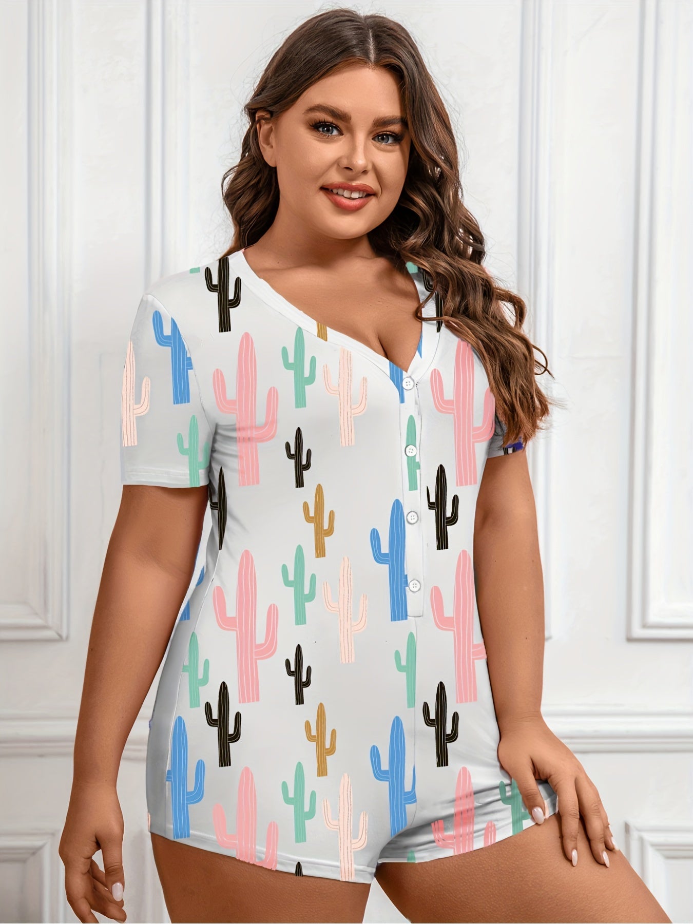  Cactus Print Loungewear Romper Short Sleeve V Neck Button Up