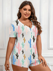  Cactus Print Loungewear Romper Short Sleeve V Neck Button Up