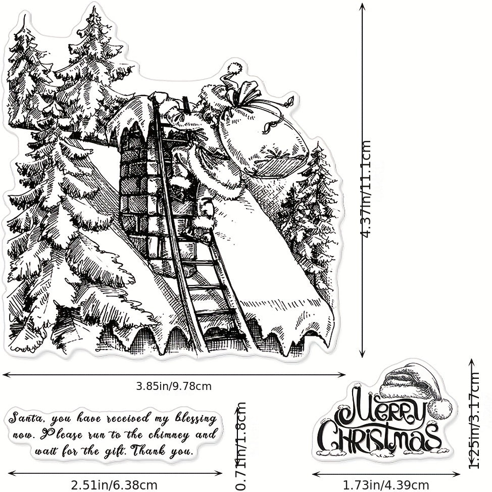 Christmas Greeting Clear Stamp - Santa Claus Roof Forest Rubber Stamps