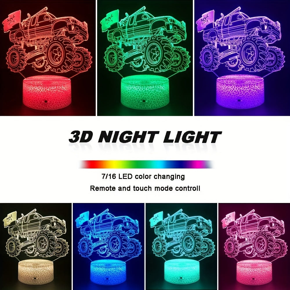 Monster Truck Night Lights 3D Lamp with USB Cable & Remote Control