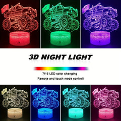Monster Truck Night Lights 3D Lamp with USB Cable & Remote Control