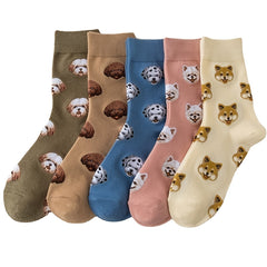 5 Pairs Women's Cotton Dog Pattern Crew Socks Multicolor