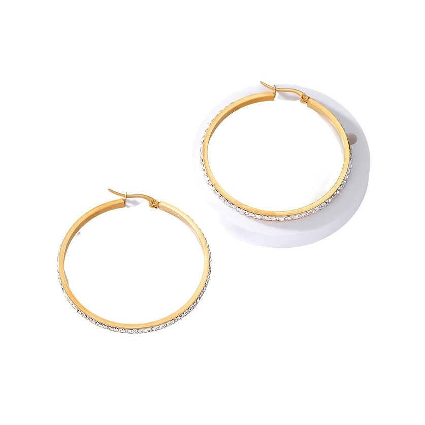 Stainless Steel Large Hoop Earrings Full Rhinestones 18K Plated
