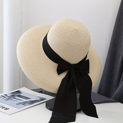 Ribbon Bowknot Sun Hat Cap Straw Hat Hepburn Style