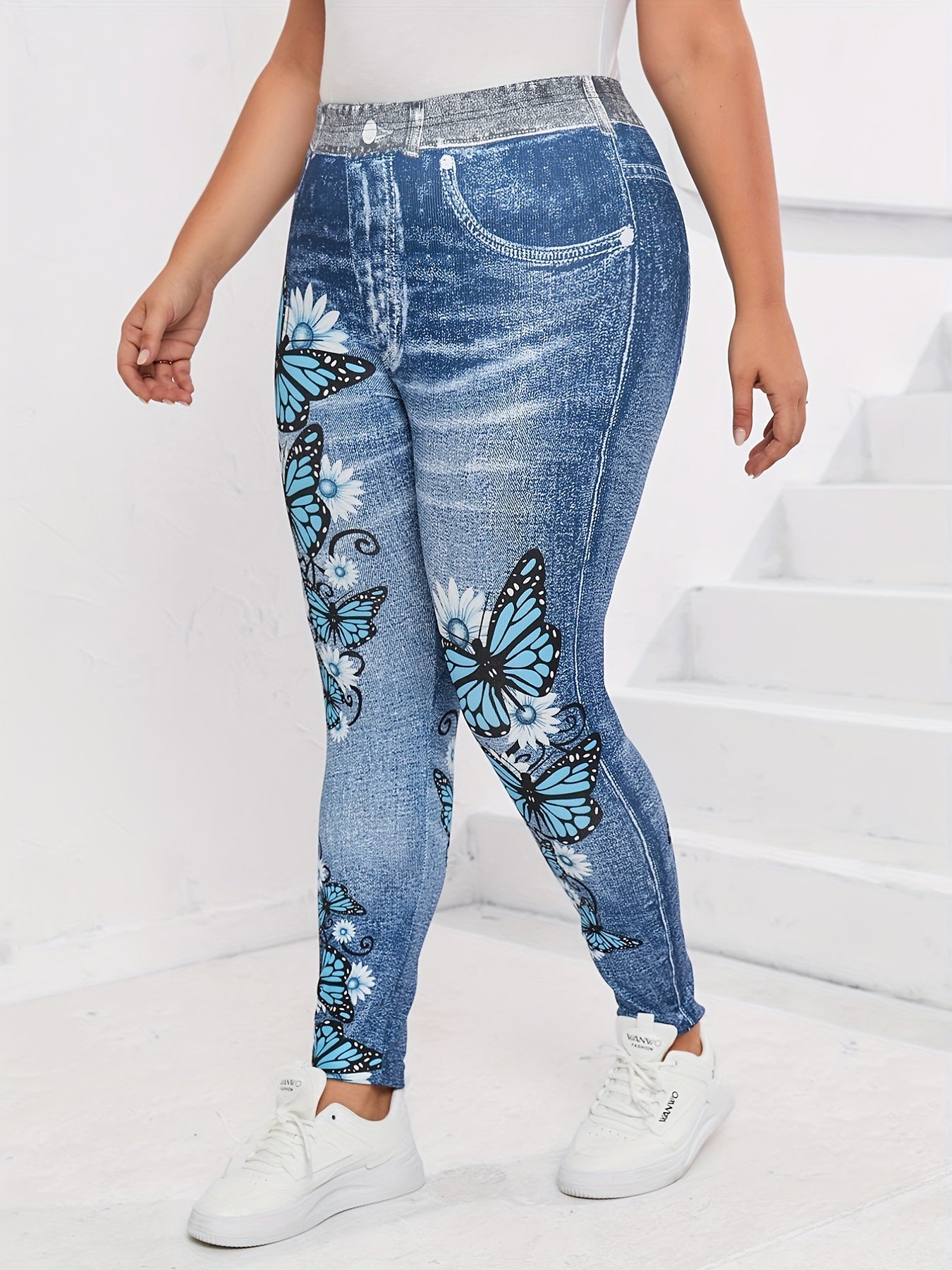  Butterfly & Denim Print High Stretch Leggings