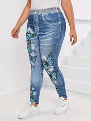  Butterfly & Denim Print High Stretch Leggings