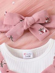 2pcs Floral Print Big Bow Baby Girl Dress With Headband Set