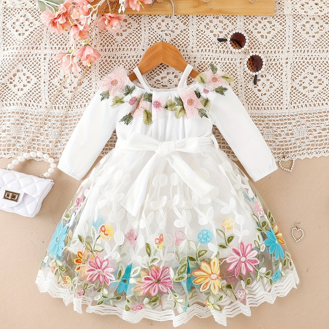 2pcs Baby Girl Halter Lace Dress & Belt Set