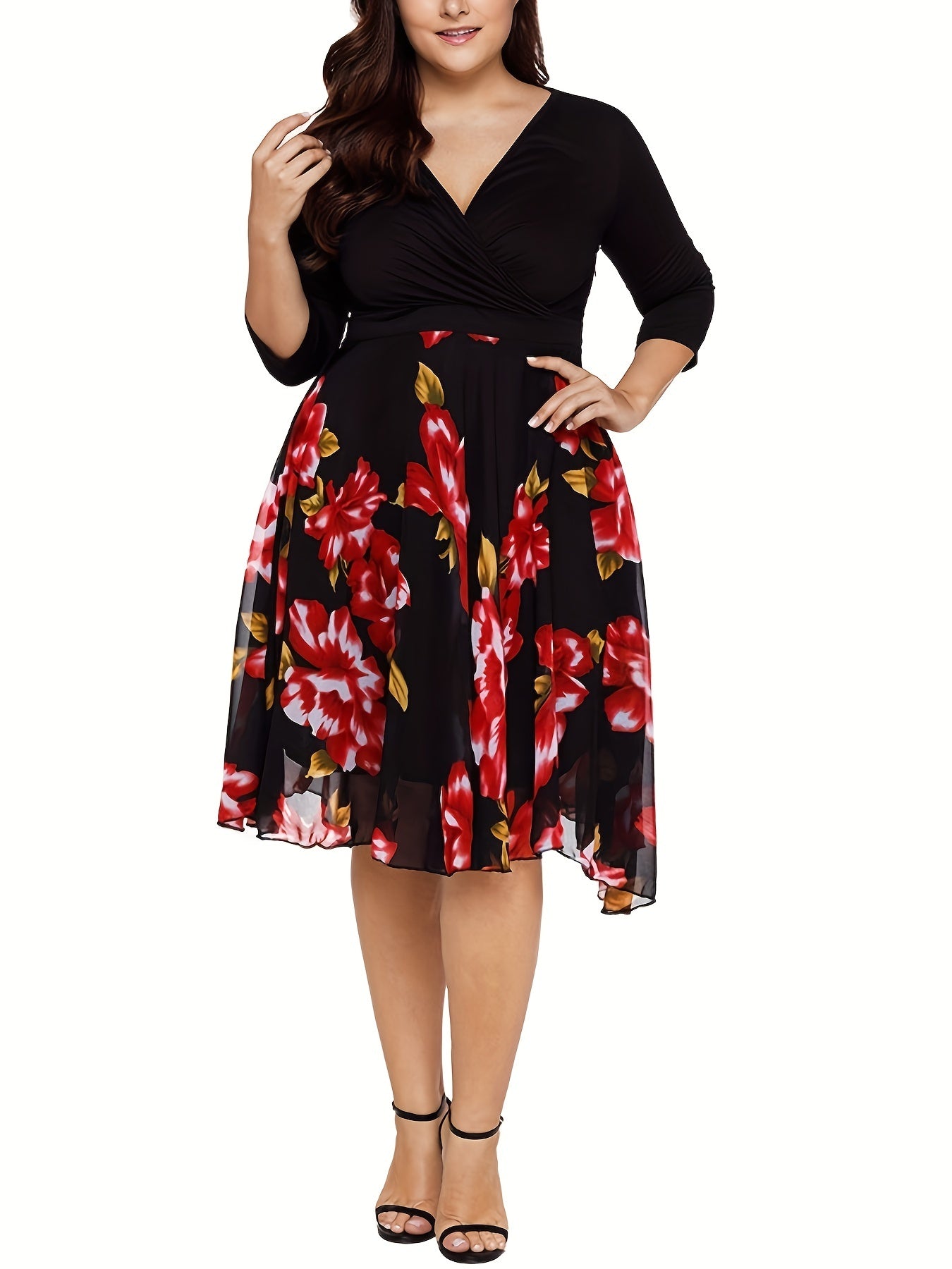  Casual Dress Women's Plus Contrast Mesh Floral Print Half Sleeve Surpl