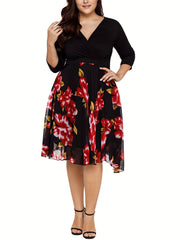  Casual Dress Women's Plus Contrast Mesh Floral Print Half Sleeve Surpl