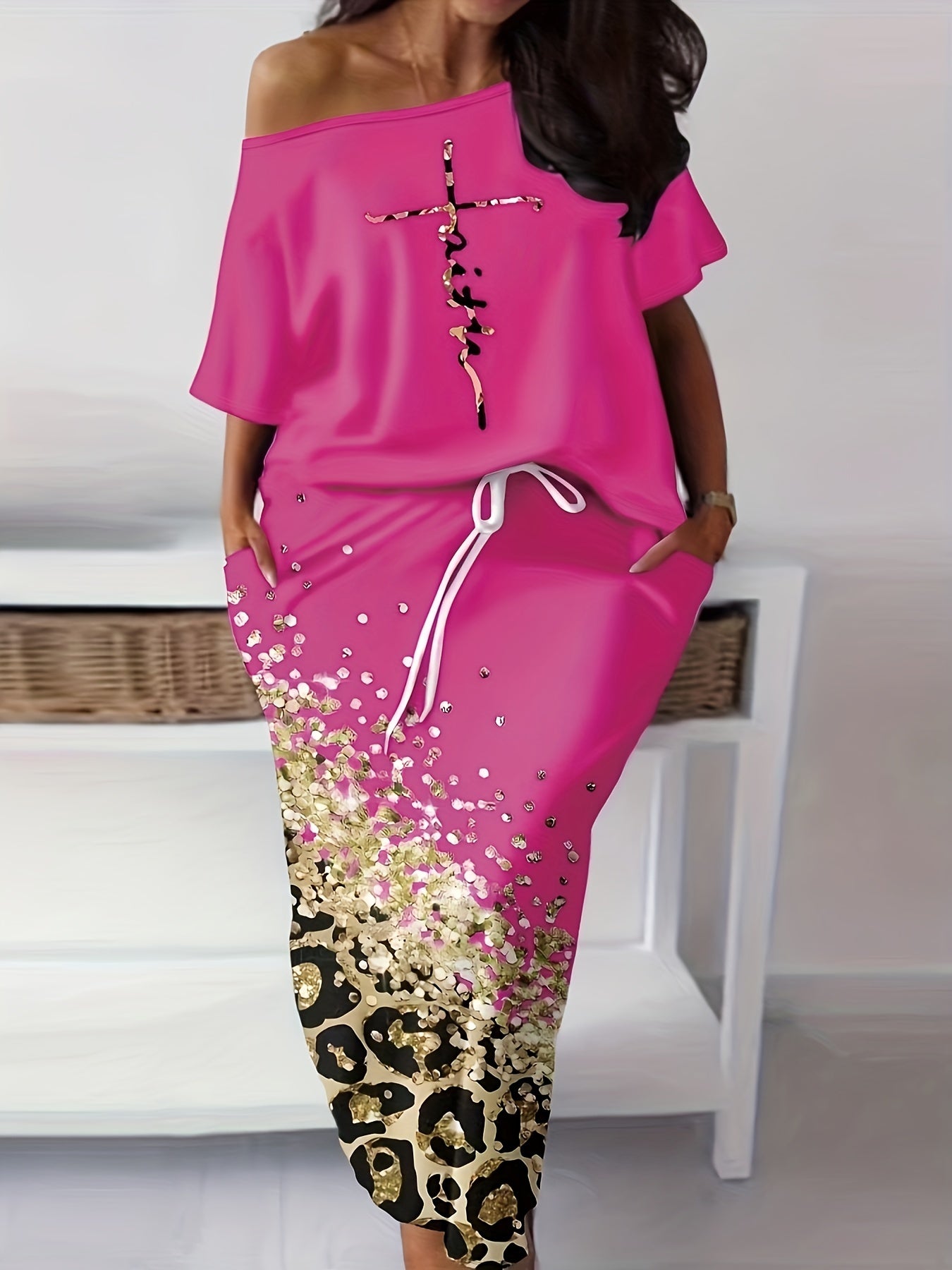  Letter Print One Shoulder Top & Maxi Skirt Set