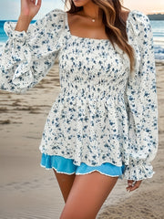  Ditsy Print Lantern Sleeve Peplum Top