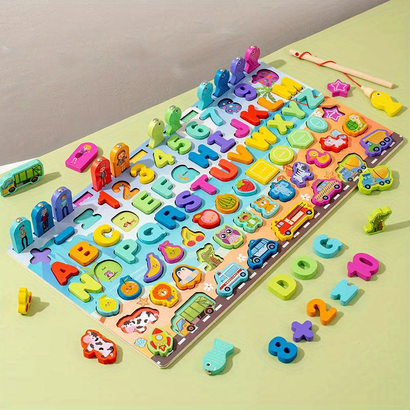 Montessori Wooden Preschool Math Toy Traffic Fishing Busy Board