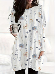  Floral Print Long Sleeve Pocketed Tee Dress