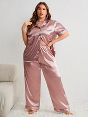  Button Up Satin Pajama Set Short Sleeve Shirt & Pants Two Piece