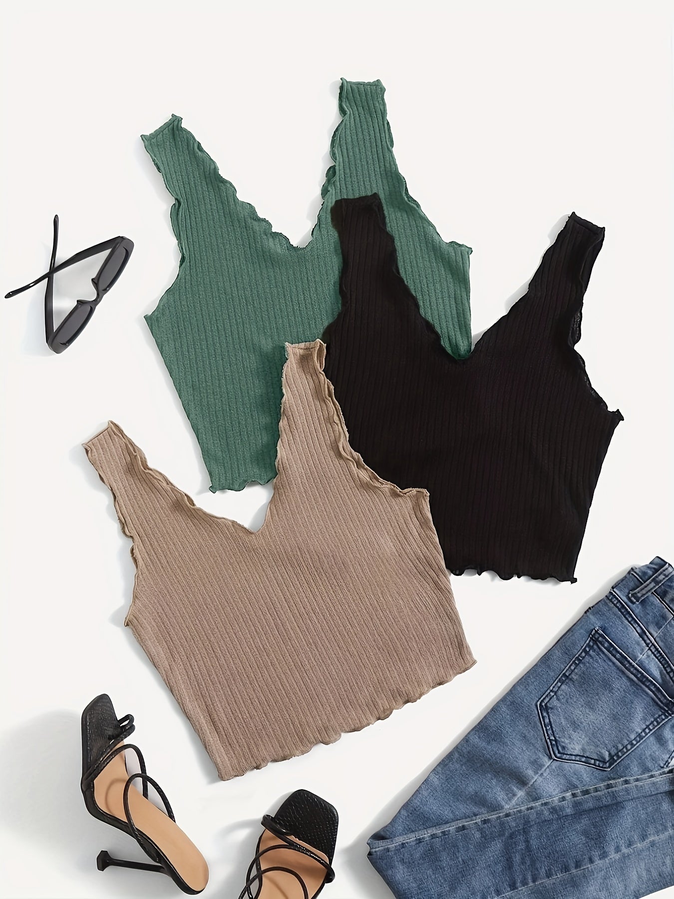 Ruffle Trim Tank Top Set Casual Summer Sleeveless Women's Clothing