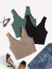 Ruffle Trim Tank Top Set Casual Summer Sleeveless Women's Clothing