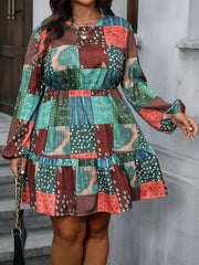  Colorblock Floral Print Lantern Sleeve Dress