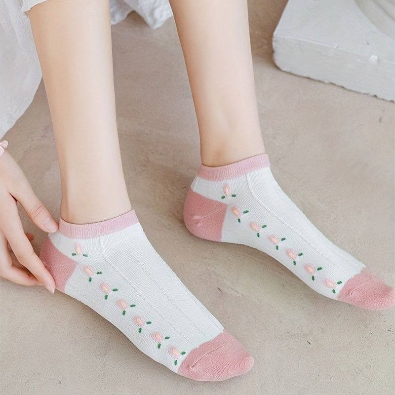 5 Pairs Floral Print Low Cut Ankle Socks Women's Stockings