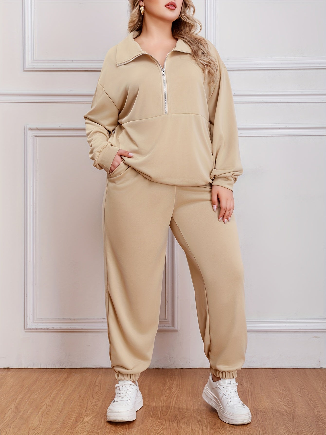  Solid Half Zipper Lapel Top & Jogger Pants Outfits Set