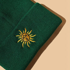 Boho Sun Embroidery Beanie Dark Green Vintage Elastic Knit Hat