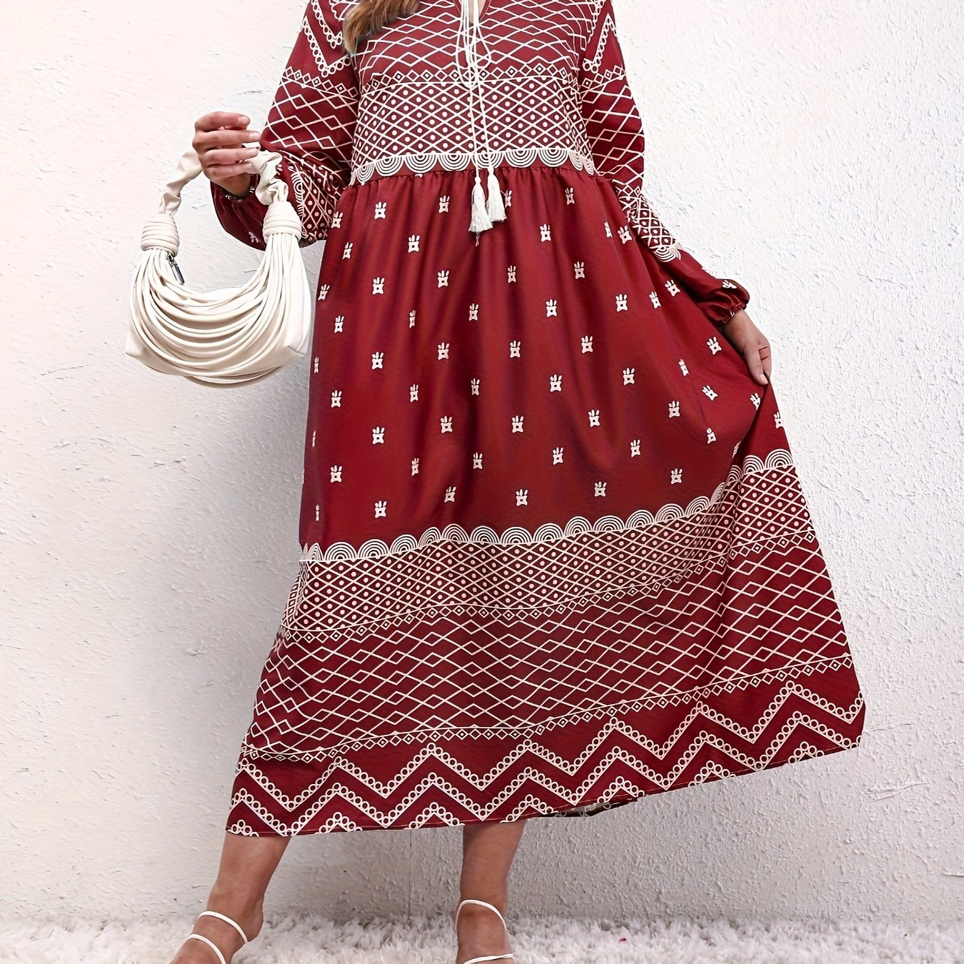  Boho Dress Women's Lantern Sleeve Keyhole Tie Dress