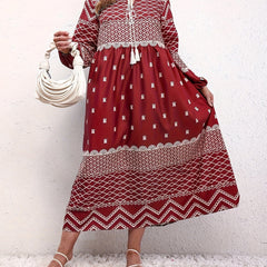  Boho Dress Women's Lantern Sleeve Keyhole Tie Dress