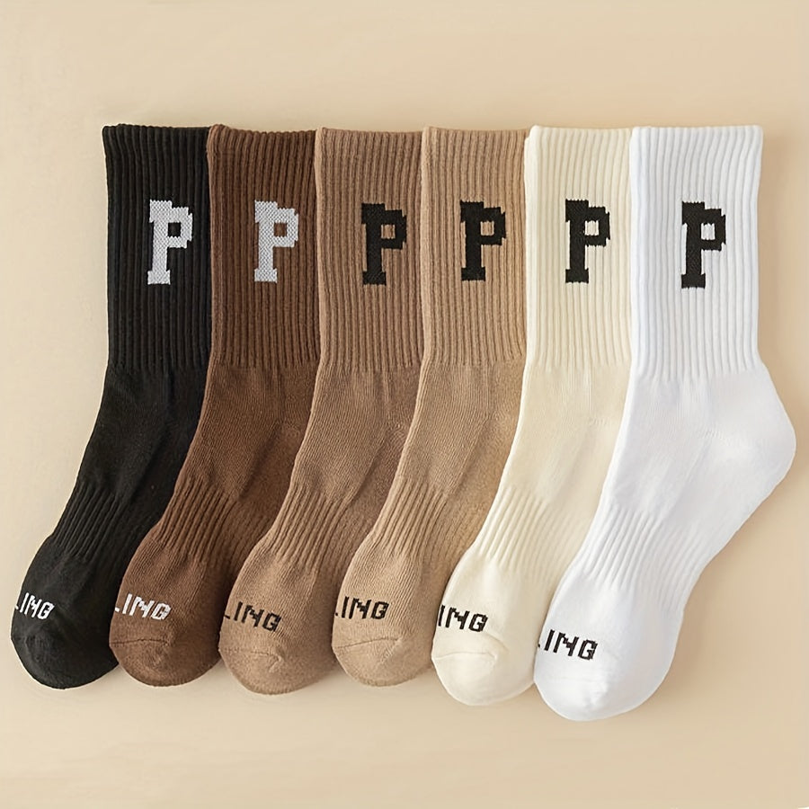 6 Pairs Letter Print Ribbed Socks Women's Stockings