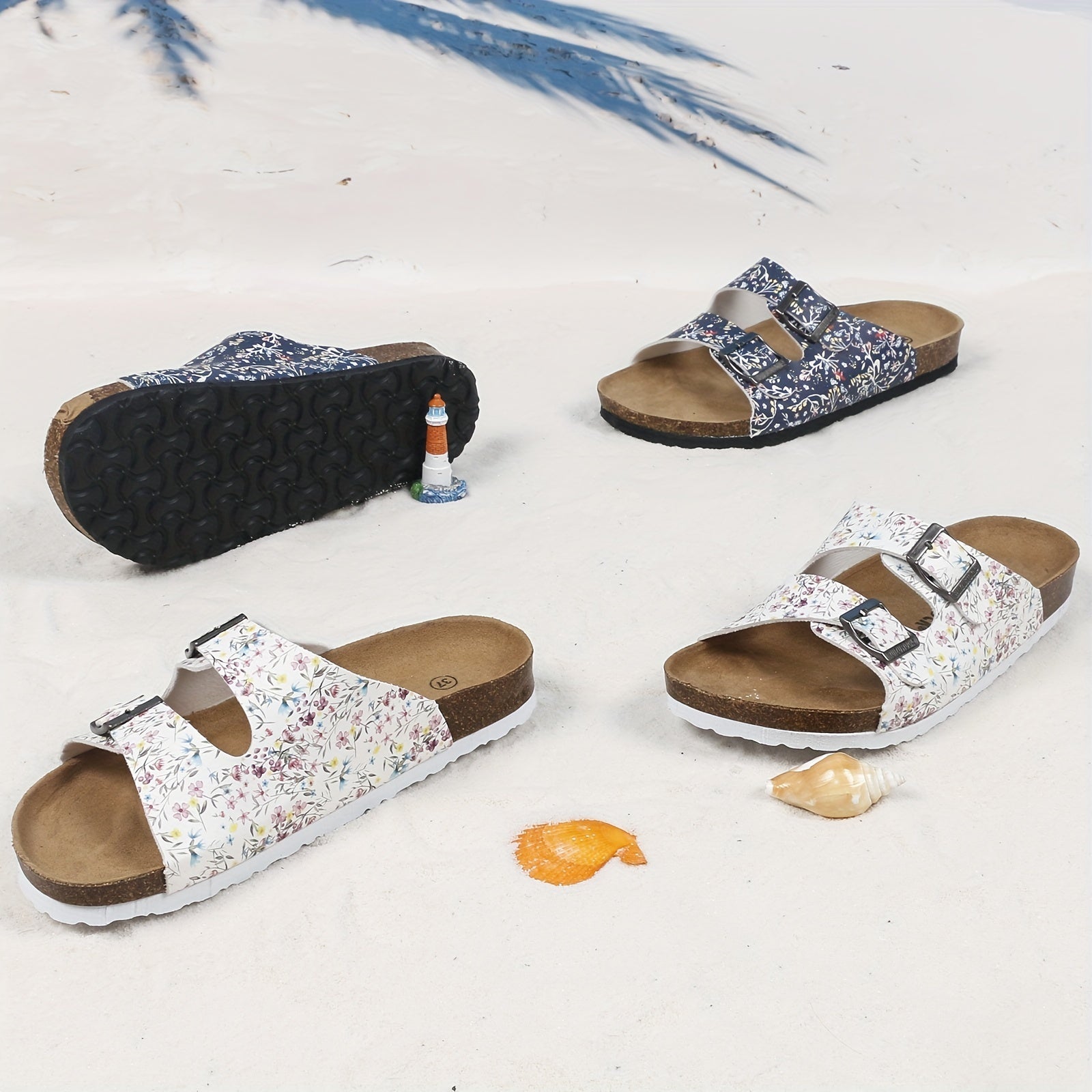 Women's Floral Print Cork Footbed Sandals Slides Double Buckle Flat Slippers