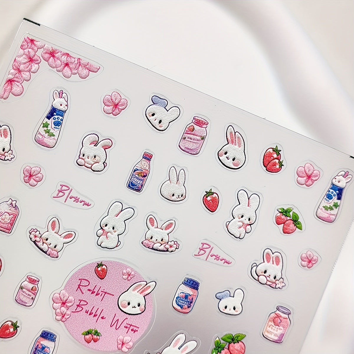 5D Embossed Rabbit Peach Nail Sticker Sakura Rabbit Bubble Water Nail Art