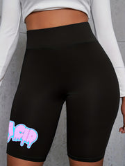Plus Size Dripping Letter Print High Rise Biker Shorts
