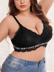 Sexy Bra Women's Plus Solid Contrast Lace Trim Letter Tape Bra