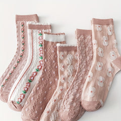 6 Pairs Floral Print Socks Sweet & 3D Textured Mid Tube Socks Women's Stockings