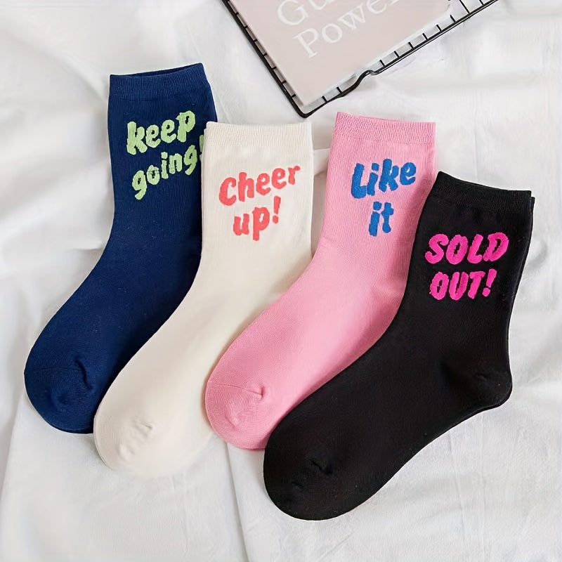 4 Pairs Letter Print Socks Comfy & Breathable Mid Tube Socks Women's Stockings