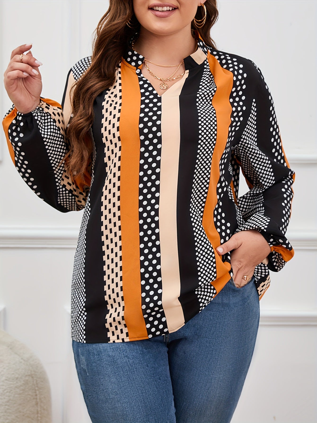 Dot Print Lantern Sleeve V Neck Blouse